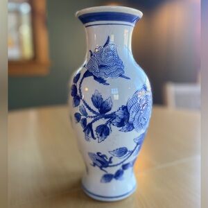 Antique Chinese Blue White Porcelain Flared Vase Rose Motif Mid 20th Century.